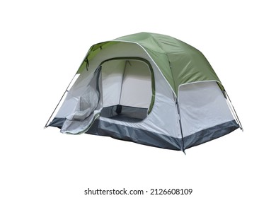 Open medium size tourist tent for camping on travel outdoor, isolated on white background - Shutterstock ID 2126608109