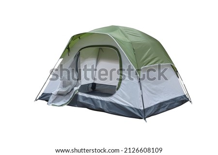 Open medium size tourist tent for camping on travel outdoor, isolated on white background