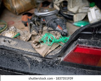 Open Messy Car Trunk With Hand Tools, Outdoor Closeup