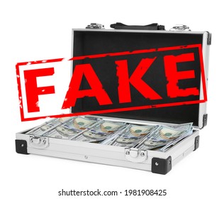 Open Metal Case Full Of Fake Money On White Background