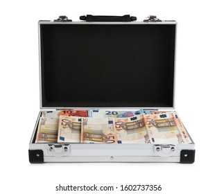 Open Metal Case Full Of Money On White Background