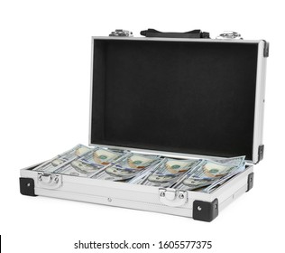 Open Metal Case Full Of Money On White Background