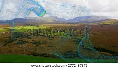 Open moorland and patchwork fields stretching across rural valley, with multicolored mesh overlay. Pastoral, countryside, farmland, horizon, heath, pasture, stream