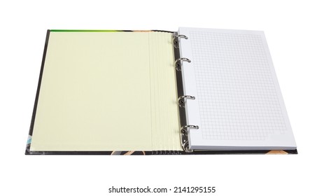 Open multicolored lever arch ring file folder with paper sheets. Isolated on white background