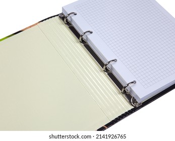 Open multicolored lever arch ring file folder with paper sheets. Isolated on white background