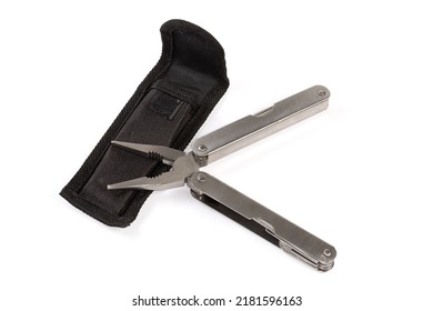 Open Multi-tool With Metal Handles And His Open Case On A White Background
