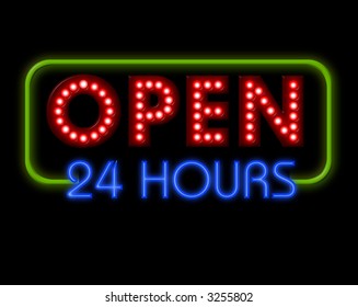 Open Neon Sign 24 hours in green surround