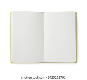 Open notebook with blank pages isolated on white, top view