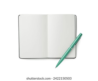 Open notebook with blank pages and pen isolated on white, top view - Powered by Shutterstock