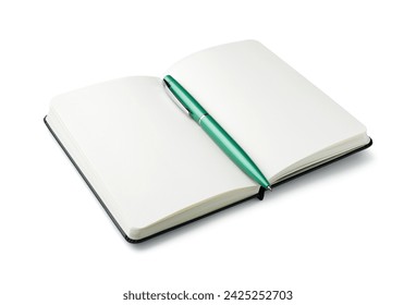 Open notebook with blank pages and pen isolated on white