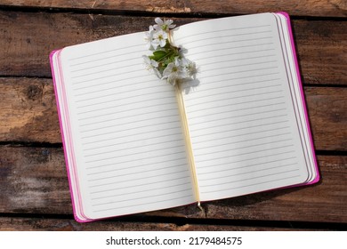 Open notebook with blank paper lined pages and cherry blossom flowers on wooden table background. Spring, summer memories, girl's diary. Top view, flat lay, copy space 