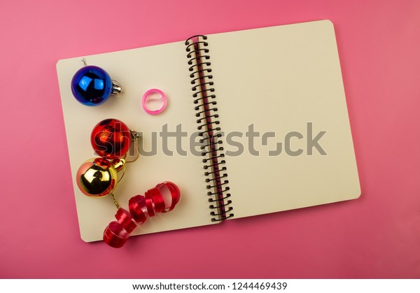 Open Notebook Christmas Decorations On Pink Stock Photo Edit Now