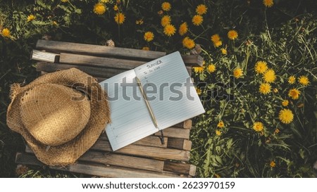 Open notebook with "Summer To Do List" written inside, resting on a wooden bench in a field of blooming dandelions, with a straw hat placed nearby in soft afternoon sunlight.
