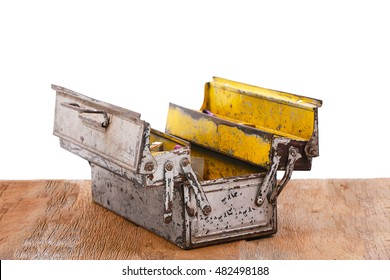 Open Old Aluminium Tool Box On Table Isolated On A White Background