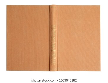 Open old book with vintage beige cover isolated on white, top view