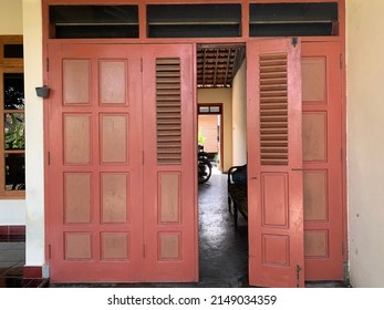 Open Old Brown Garage Door From Wood