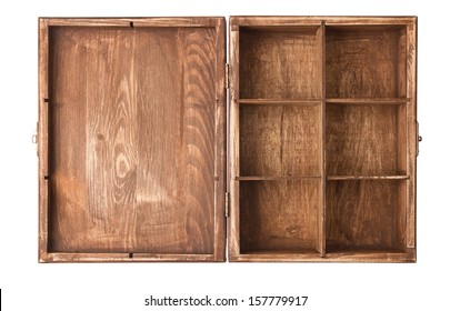 Open old wooden box isolated on white background - Shutterstock ID 157779917