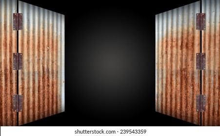 open old zinc door,rusty corrugated iron metal on black background - Shutterstock ID 239543359