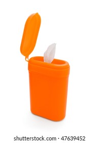 Open Orange Plastic Canister Of  Antibacterial Wipes Isolated On White