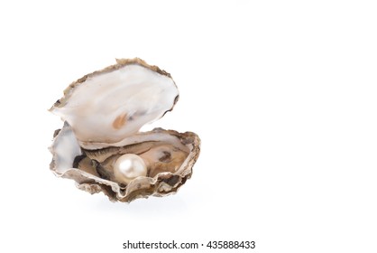 Open oyster with pearl isolated on white background
