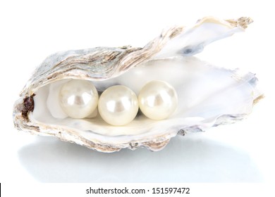 Open Oyster With Pearls Isolated On White