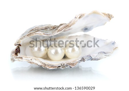 Open oyster with pearls isolated on white