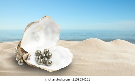 Open Oyster Shell With Black Pearls On Sandy Beach Near Sea. Space For Text