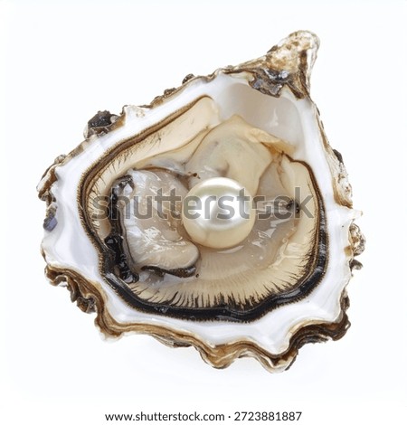 An open oyster shell containing a large pearl, isolated on a clean white background.