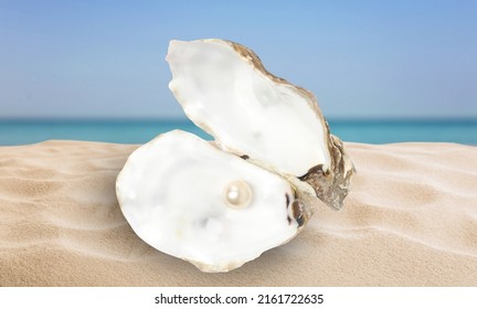 Open Oyster Shell With White Pearl On Sandy Beach Near Sea