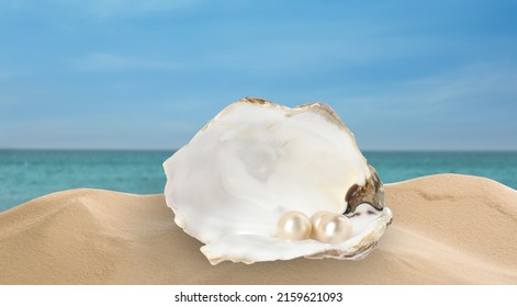 Open Oyster Shell With White Pearls On Sandy Beach Near Sea