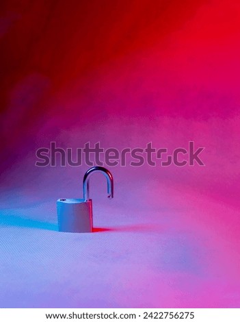 open padlock on red and blue background with copy space in vertical photo concept open options and views