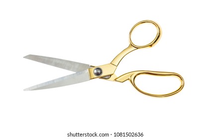 Open pair of tailor scissors with gold handle isolated on white background, top view