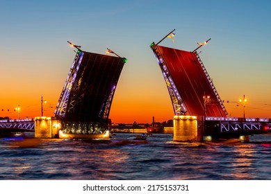 Open Palace Bridge At White Night, Saint Petersburg, Russia