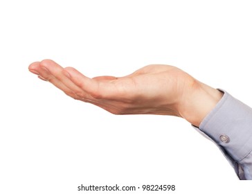 Open palm hand gesture of male hand.Isolated on white background. - Shutterstock ID 98224598