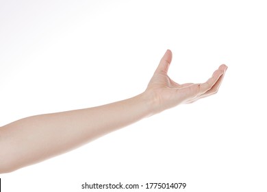 Offene Handgeste der Frau, einzeln auf weißem Hintergrund
