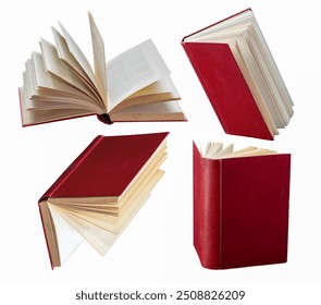 Open paper book with red hardcover flying in air in different angles of rotation set. Floating literature for reading, bookshop and education design. 