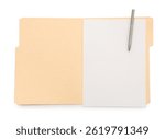 Open paper file folder with blank sheet and pen isolated on white, top view