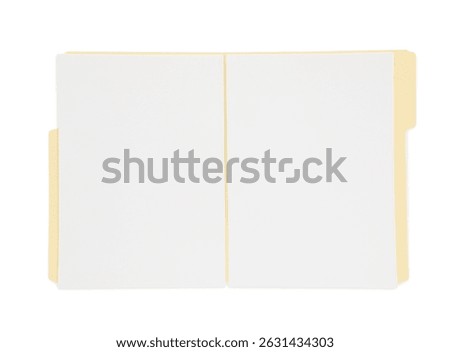 Open paper file folder with blank sheets isolated on white, top view