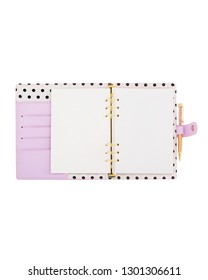 open pink notepad with white lining on white background