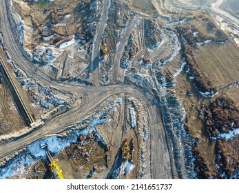 Open Pit Mine. Coal Mining, Aerial Drone View. Trucks Carry Ore. Mining Industry.