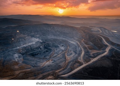 Open pit mine, extractive industry for coal, top view aerial drone