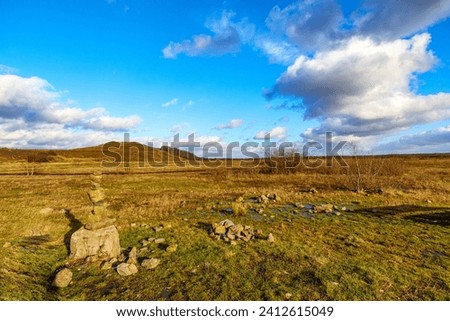 Open plain with stone cairn, puddle of water, yellowish green grass, hills against blue sky with white clouds in background, Thor Park - Hoge Kempen National Park, sunny day in Genk, Belgium