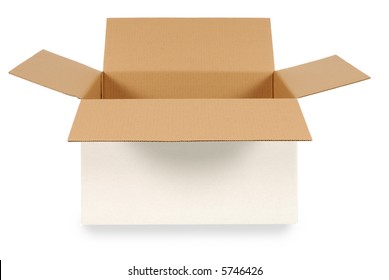 Open Plain White Cardboard Box With Brown Inside Isolated On A White Background.  Space For Copy.