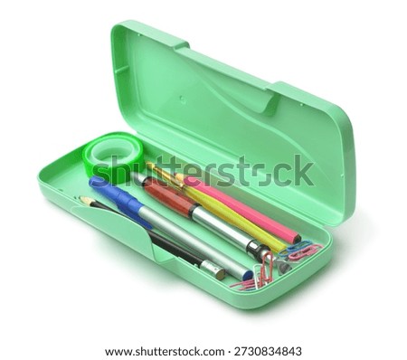 Open plastic pencil box with different supplies isolated on white