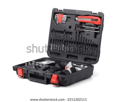 Open plastic tool box with electric cordless drill screwdriver set isolated on white