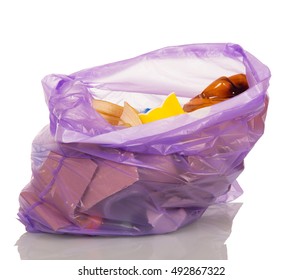 Open Purple Plastic Bag With Trash Isolated On White Background.