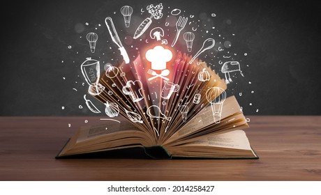 Open recipe book with food related icons above - Shutterstock ID 2014258427