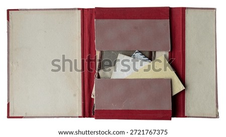 open red file folder with antique paper envelopes inside on white background
