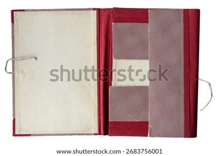 open red file folder with thread rope binding on white background
