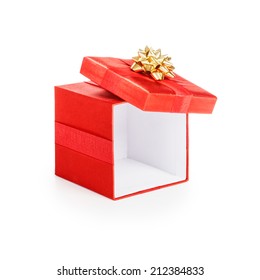 Open Red Gift Box With Gold Ribbon. Christmas Theme. Object Isolated On White Background. Clipping Path.